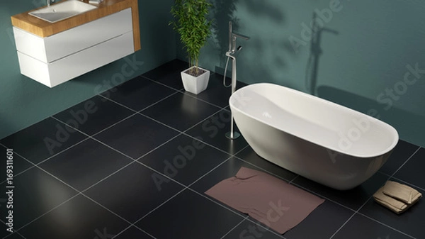 Obraz Modern bathroom with green walls and slate floor 3d rendering