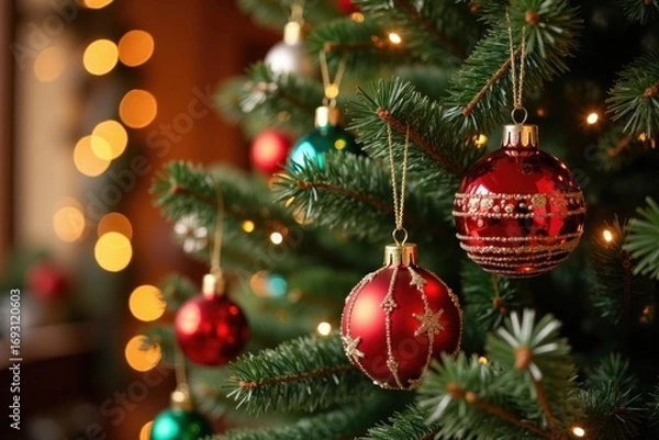Fototapeta Colorful Christmas tree ornaments hanging on green pine branches, sparkling with lights and tinsel. The background is softly blurred with warm holiday glow