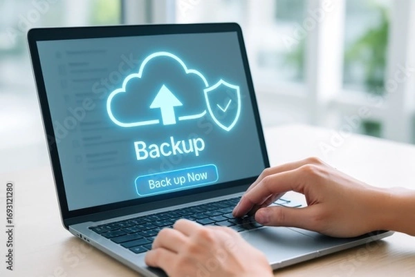 Obraz Data backup process demonstration on laptop home office digital content indoor close-up view technology best practices for data security
