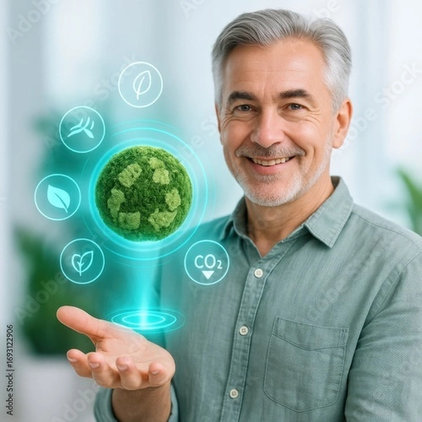Fototapeta A man presenting a sustainable future with earth and eco icons. The man smiles and focuses on an eco-friendly earth surrounded by icons of leaves, recycling, and carbon dioxide. 