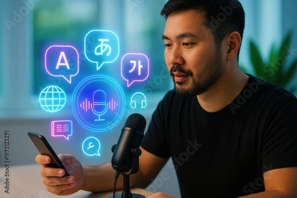 Fototapeta A man using a voice translation app on his phone, with various language symbols. This scene reflects the modern technology in language and communication.