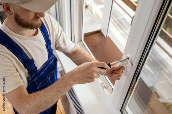 Fototapeta Repairman installs a PVC window frame for energy-efficient home improvement
