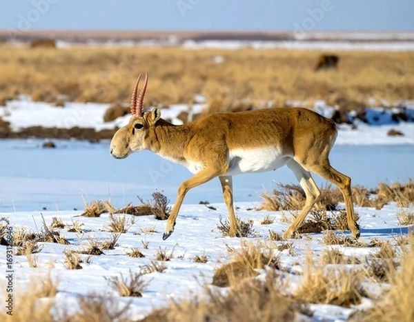 Obraz Antelope in snowy steppe landscape