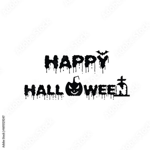 Fototapeta Happy Halloween Text with Pumpkin and Tombstone