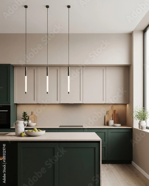 Obraz Contemporary Dark Green and Beige Kitchen with Minimalist Pendant Lighting