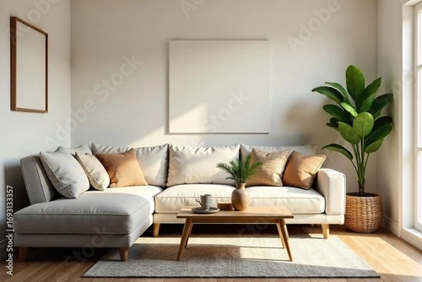Fototapeta Cozy living room with a comfy couch, simple decor, and natural light streaming through a window Perfect for relaxation and quiet time at home , apartment, tidy, room