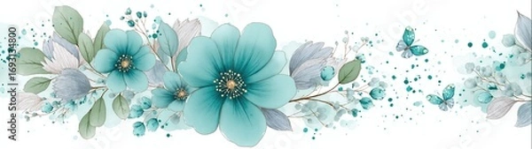 Fototapeta Elegant watercolor floral banner with teal flowers and leaves. Botanical illustration with golden details and butterflies. Modern decorative design element with copy space.