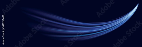 Fototapeta Blue wind waves effect. Abstract light motion trails with sparkles isolated on black background. Light blue Twirl. Curve light effect of blue line. Luminous blue circle.