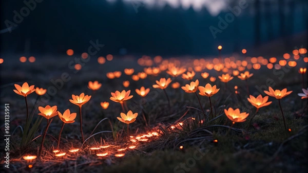 Fototapeta Field of slow-floating glowing embers on dark background, depth of field focus