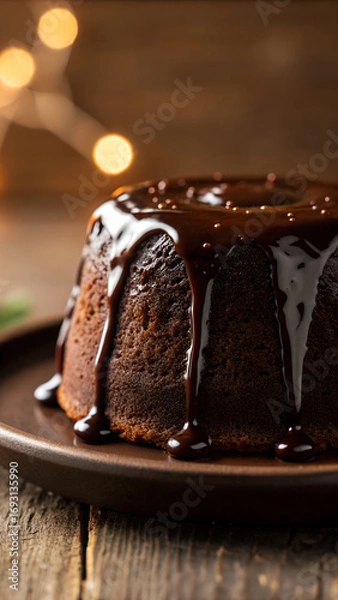 Fototapeta Molten dark chocolate ganache slowly cascading over a round chocolate lava cake, creating glossy drips down the sides, with warm candlelight ambiance