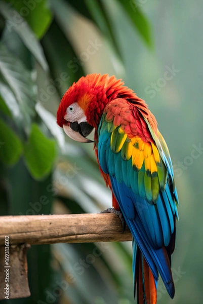 Fototapeta Parrot preening feathers on a wooden perch, macro 100mm lens, blurred jungle leaves