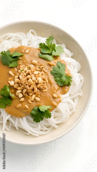 Fototapeta Thick peanut sauce flowing over fresh rice noodles, smooth and creamy texture, garnished with chopped peanuts and cilantro, shot from overhead