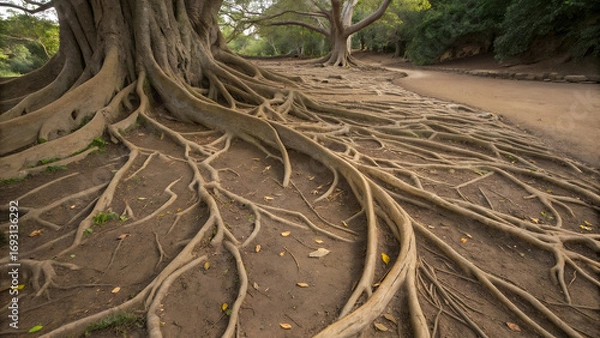 Fototapeta Tree roots or veins expanding across surface, organic pattern with growing animation potential