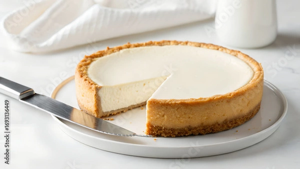 Fototapeta A close-up photograph of a creamy white cheesecake with a golden-brown crust, being sliced with a serrated knife on a white plate