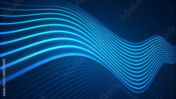 Fototapeta A digital abstract artwork featuring wavy, glowing blue lines on a dark blue background