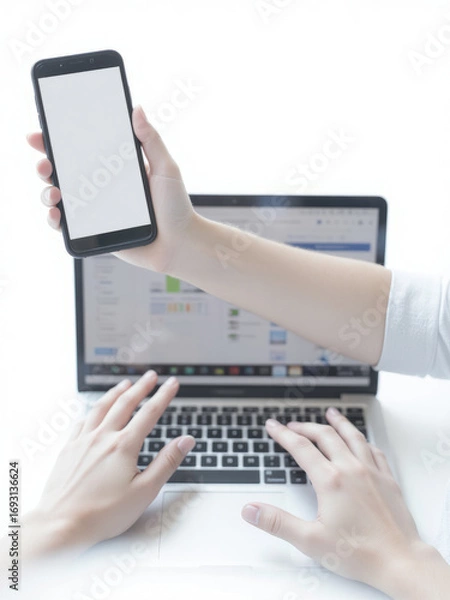 Fototapeta a person holding a smartphone in one hand and typing on a laptop with the other. The laptop screen displays a webpage
