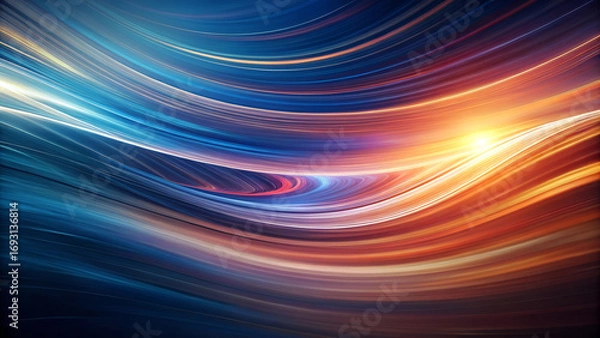Fototapeta Abstract digital artwork featuring vibrant, swirling ribbons of blue, orange, and red light against a dark background, creating a dynamic, fluid motion effect