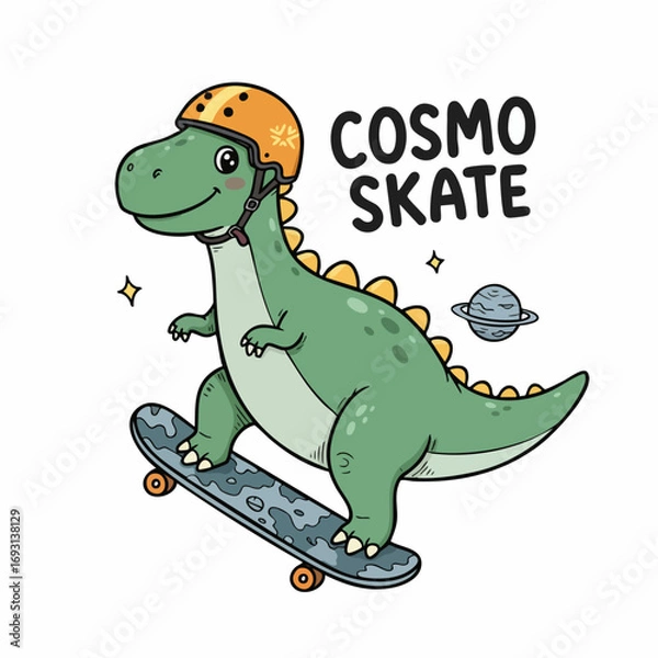 Obraz Cartoon Illustration of Dinosaur Riding Skateboard with Helmet Illustration Design