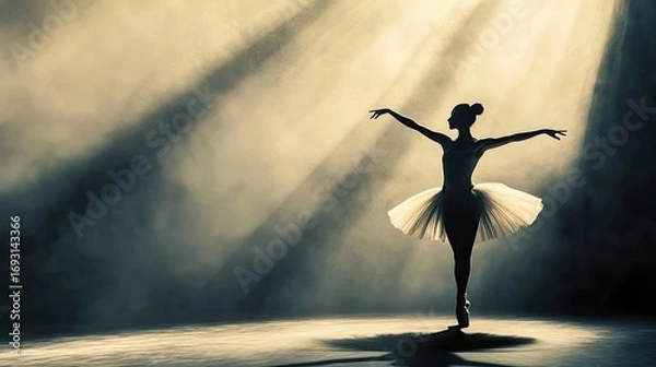 Fototapeta Ballet dancer in tutu performing on stage with dramatic lighting. Silhouette in pose under spotlight with soft mist on floor and dark theatrical background. Generative AI