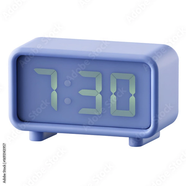Obraz 3D a light blue, rectangular digital alarm clock displaying 730