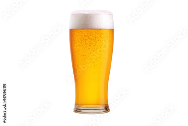 Fototapeta A glass of beer is sitting on a white background