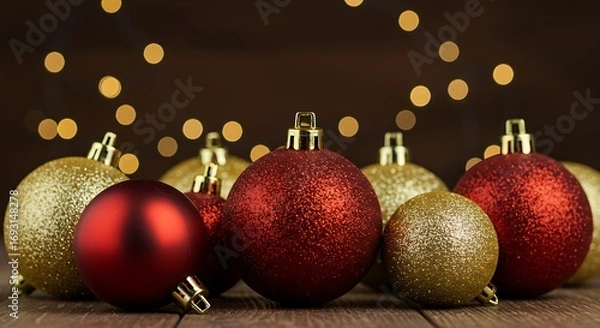 Obraz Red and Gold Christmas Baubles with Bokeh Lights.