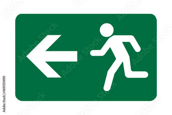 Fototapeta An emergency exit sign showing a person fleeing towards the exit. Modern flat vector sticker label with icon and badge style, transparent background