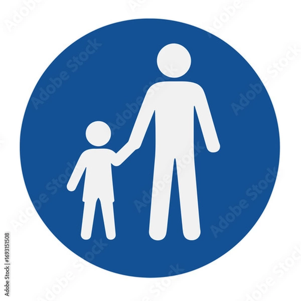 Fototapeta A blue road sign showing a pedestrian zone, with a parent and child walking together. Modern flat vector sticker label with icon and badge style, transparent background