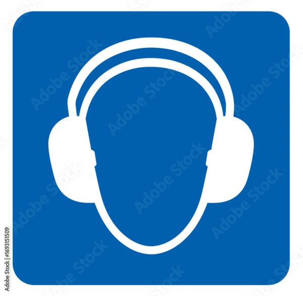Fototapeta This mandatory sign illustrates the use of earmuffs for hearing protection in a work environment. Modern flat vector sticker label with icon and badge style, transparent background