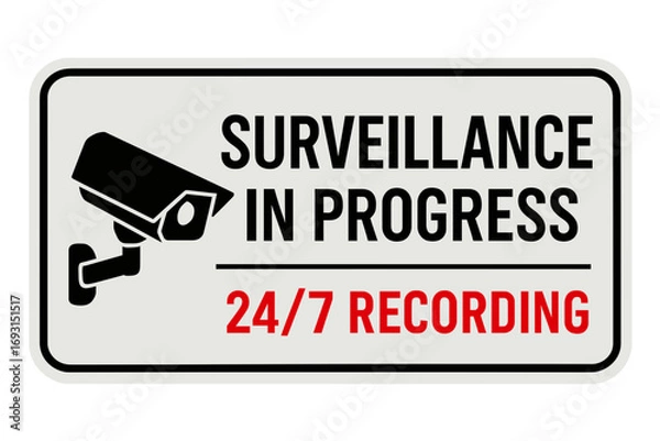 Fototapeta This sign warns of 24/7 recording and surveillance, ensuring security in the area for safety. Modern flat vector sticker label with icon and badge style, transparent background