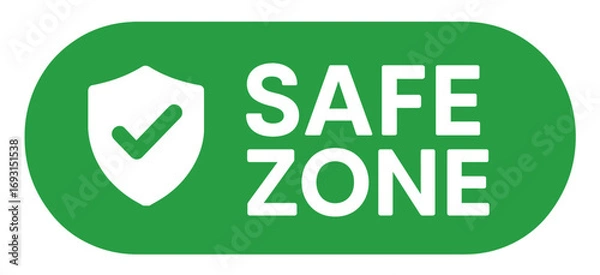 Fototapeta A "safe zone" badge in green with a shield and checkmark assures a sense of security and trust. Modern flat vector sticker label with icon and badge style, transparent background