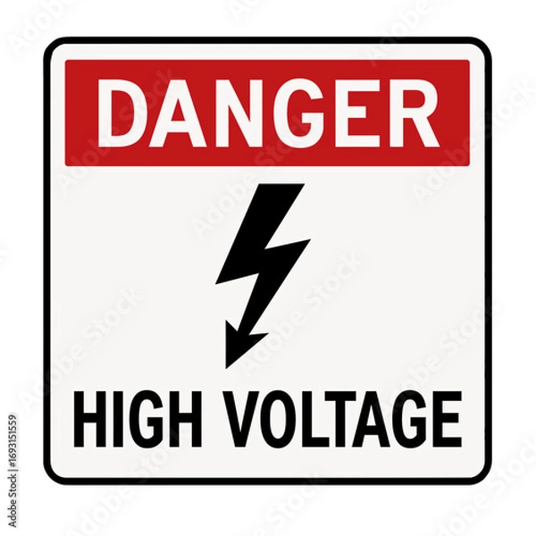 Fototapeta The danger high voltage sign warns of electrical hazards with a lightning bolt. Modern flat vector sticker label with icon and badge style, transparent background