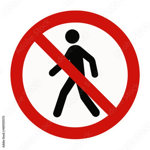 Fototapeta A round red and white no entry sign with a silhouette of a person walking. Modern flat vector sticker label with icon and badge style, transparent background