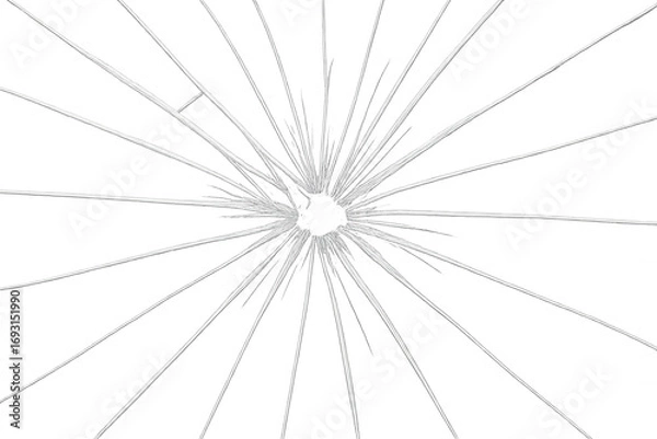 Fototapeta Transparent surface showing realistic glass fracture, sharp-edged hole revealing intricate shattered pattern with dramatic breaking lines