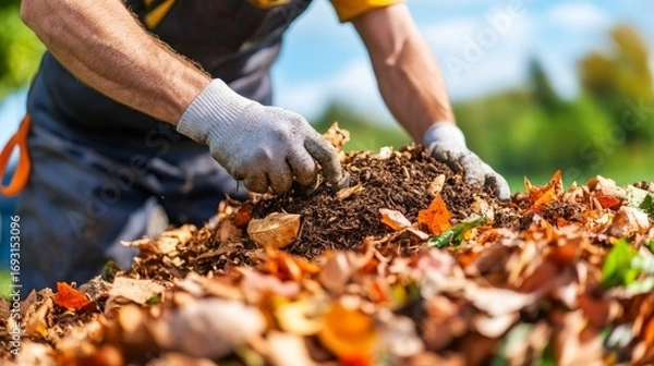 Fototapeta Composting Man in Gloves, Fall Leaves and Soil, gardening , recycle