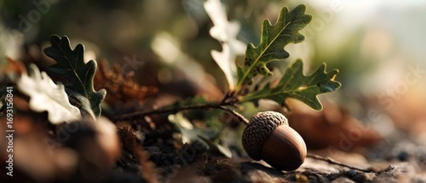 Fototapeta Closeup of a single acorn with oak leaves on the forest floor in warm sunlight Concept of autumn, nature, and new beginnings