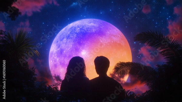 Fototapeta Adam and Eve in the Garden of Eden, modern digital art style, stylized characters, bright saturated colors, whimsical paradise setting, AI generated