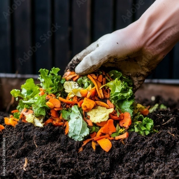 Fototapeta Gloved Hand Composting Food Scraps Into Dark Soil Gardening Concept, Recycling , Compost
