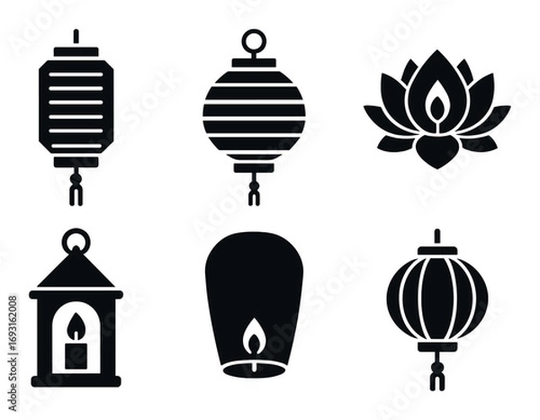 Fototapeta Festive lantern silhouette icon set. featuring chinese, japanese, paper, lotus, candle, and sky lanterns.