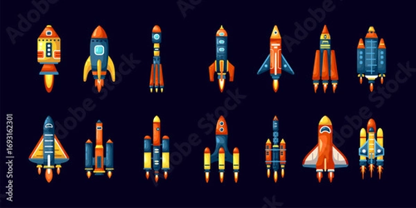 Fototapeta Cartoon rocket spaceships. Rocketships shuttle launch to space, spacecraft booster start up spaceship cosmic mission fly aerospace starcraft rockets kicky vector illustration