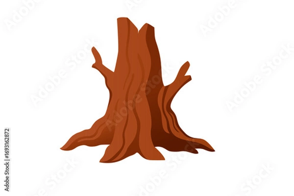 Fototapeta Tree stump with small branches sprouting from sides. Orange-brown wood texture with natural grain patterns. Forest element for outdoor designs. Vector illustration isolated on white background