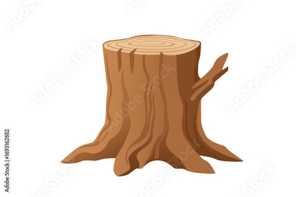 Fototapeta Tree stump with small branch sprouting from side. Light brown wood texture showing new growth. Natural regeneration element for forest designs. Vector illustration isolated on white background