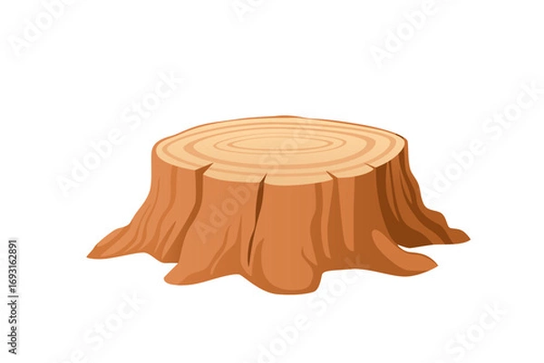 Fototapeta Tree stump with visible growth rings and wood texture. Light brown lumber cut with annual circles. Natural forest element for landscape designs. Vector illustration isolated on white background