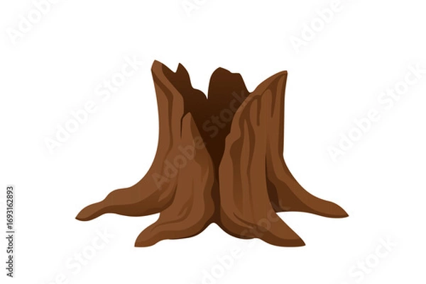 Fototapeta Old weathered tree stump with visible roots. Dark brown wood texture showing natural aging process. Forest floor element with root system exposed. Vector illustration isolated on white background