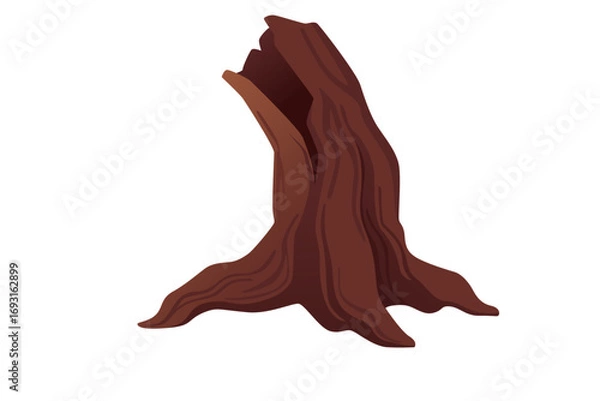 Fototapeta Weathered tree stump with irregular damaged surface. Dark reddish-brown aged wood with natural deterioration. Old forest element for rustic designs. Vector illustration isolated on white background