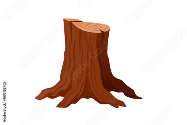 Fototapeta Tree stump cut at angle with growth rings visible. Orange-brown wood texture and root system at base. Natural forest element for landscape designs. Vector illustration isolated on white background