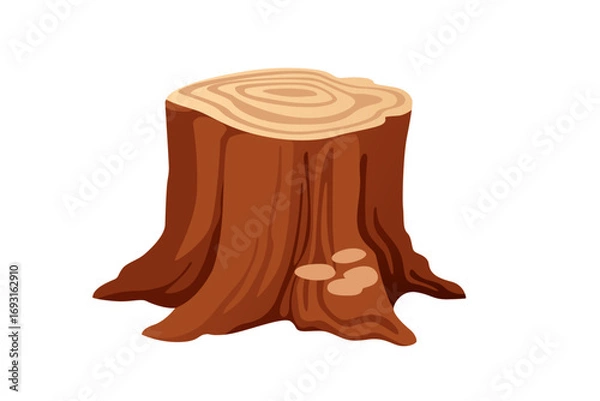 Fototapeta Tree stump with growth rings and small mushrooms growing on side. Orange-brown wood texture with natural grain. Forest element for nature designs. Vector illustration isolated on white background