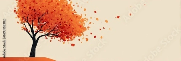 Fototapeta Autumn season concept, illustration of a tree with falling red and orange leaves on light background with copy space, banner