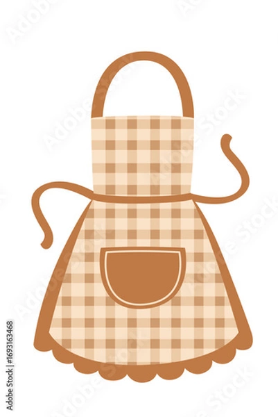Fototapeta Gingham kitchen apron in brown and cream. Checkered pattern with matching trim and pocket. Traditional cooking wear for vintage kitchen style. Vector illustration isolated on white background