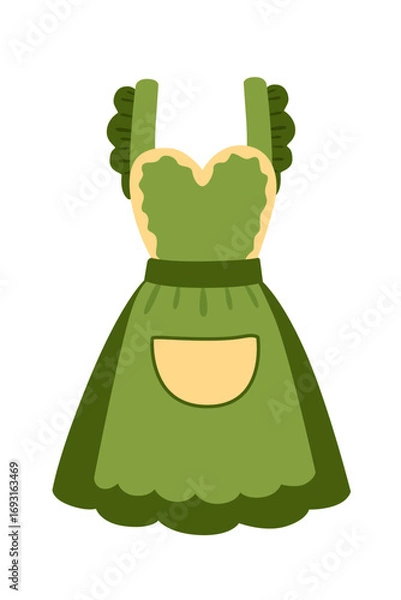 Fototapeta Kitchen apron with ruffled trim and decorative details. Green fabric with cream accents and front pocket. Traditional cooking wear for home chefs. Vector illustration isolated on white background